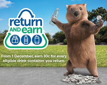 a cartoon wombat standing on hind legs holding a plastic bottle in one hand and fifty cents in the other